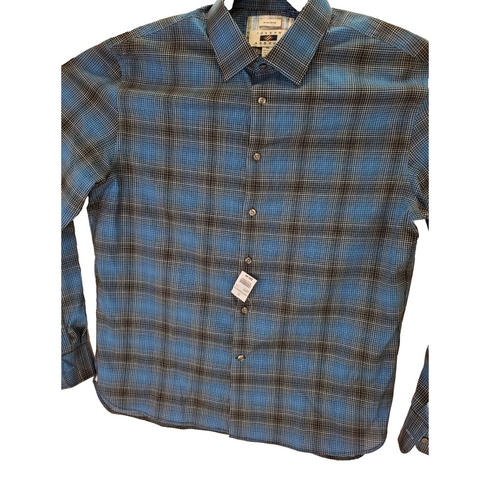 Joseph Abboud Mens XL Blue Black Grid Non-Iron Cotton Tencel Button Down Shirt